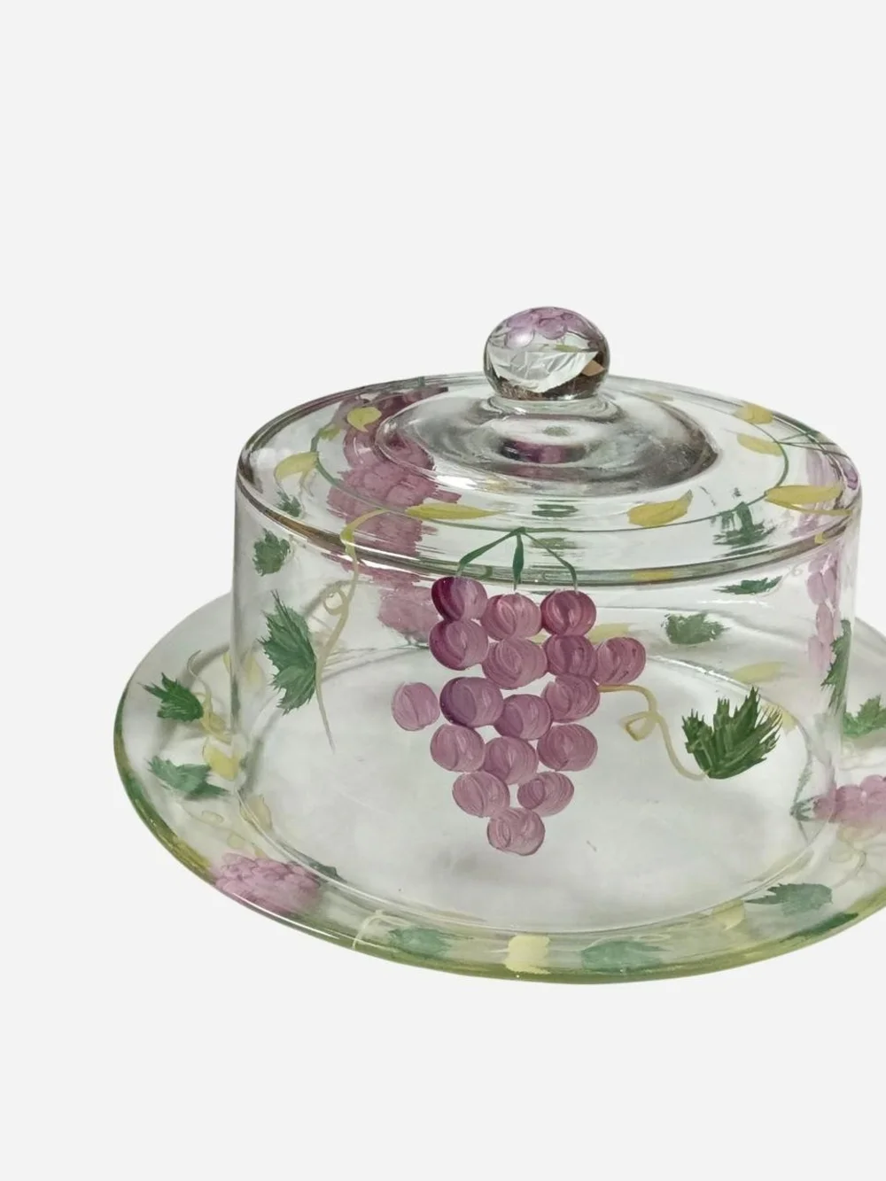 Hand-Painted Glass Cheese Dome with Grapevine Design - Purple
